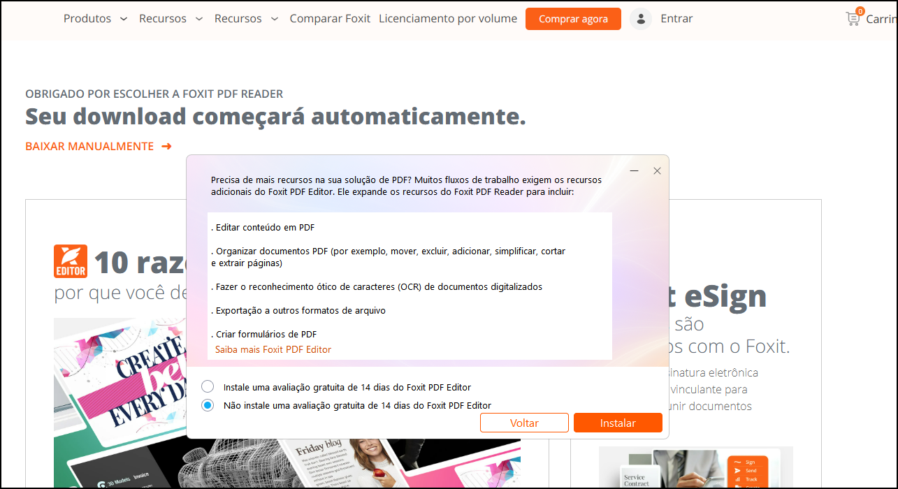 Caixa de seleção para não instalar a versão de avaliação paga