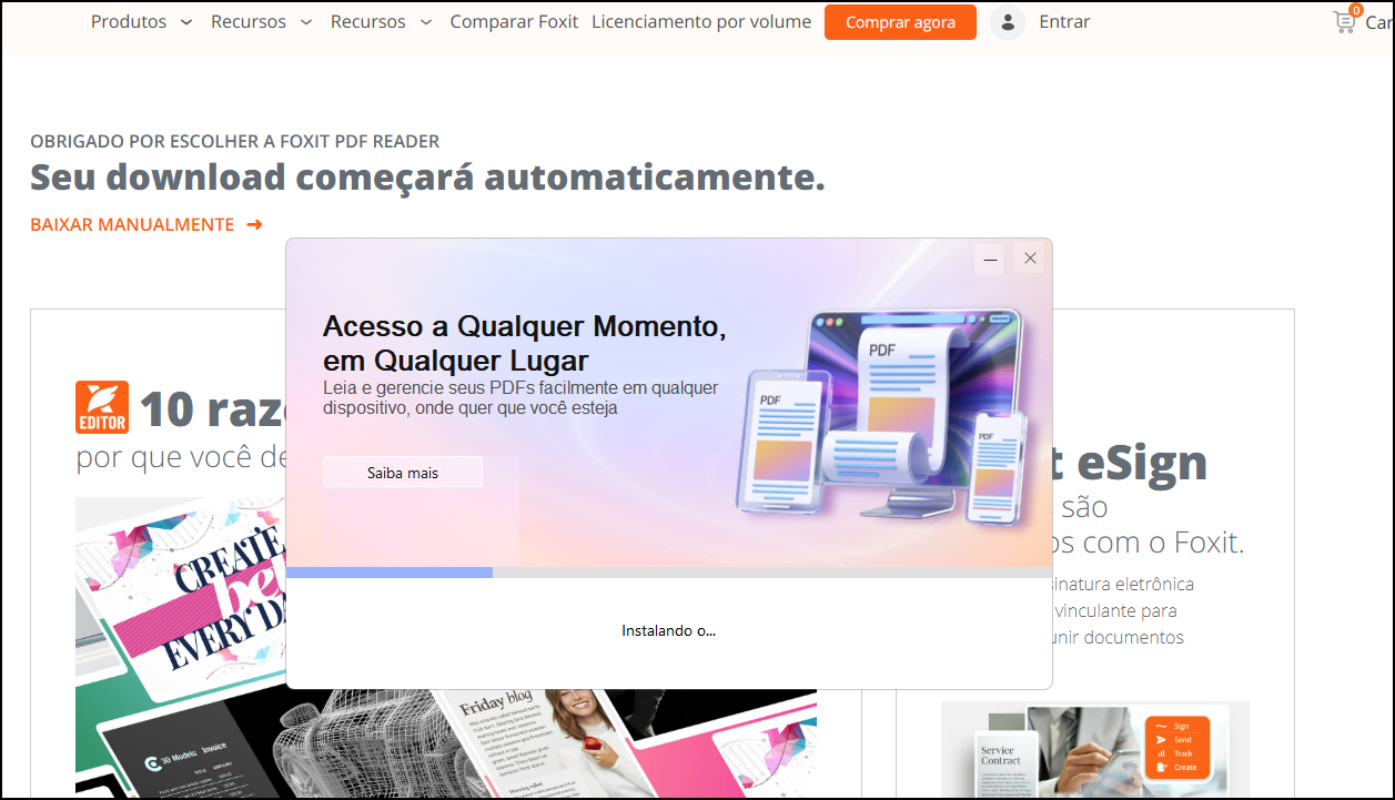 Caixa de progresso da instalação