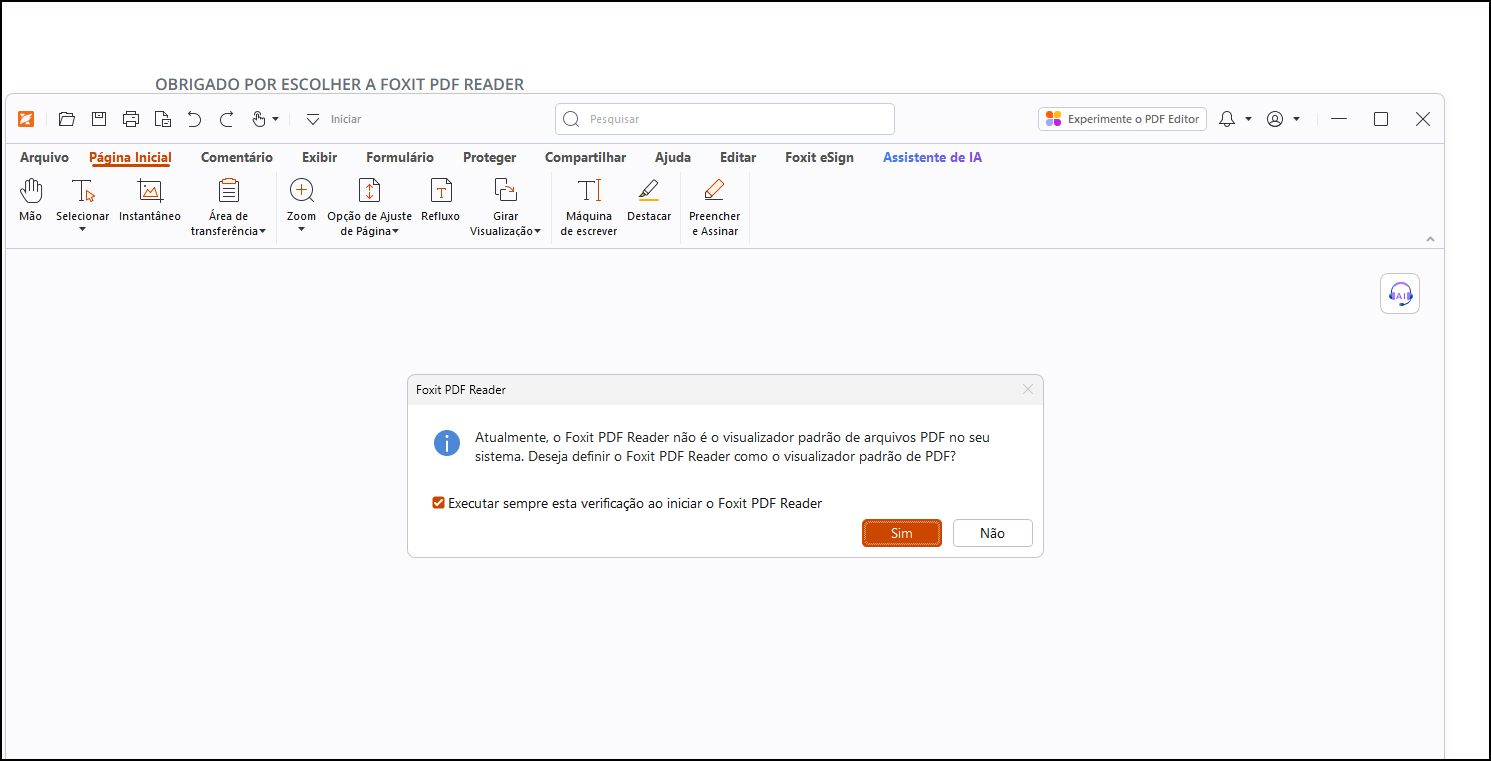 Caixa para tornar o Foxit o leitor de PDF padrão