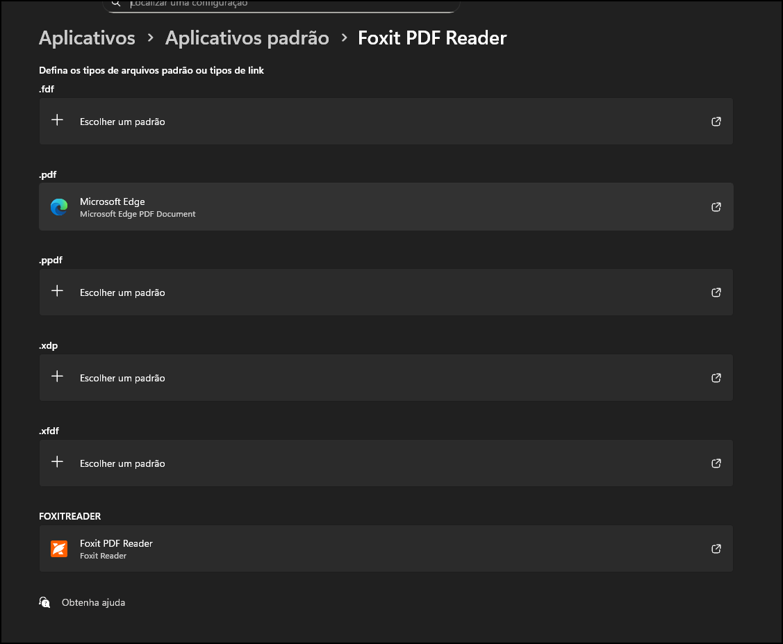Janela de configurações de aplicativos padrão do Windows
