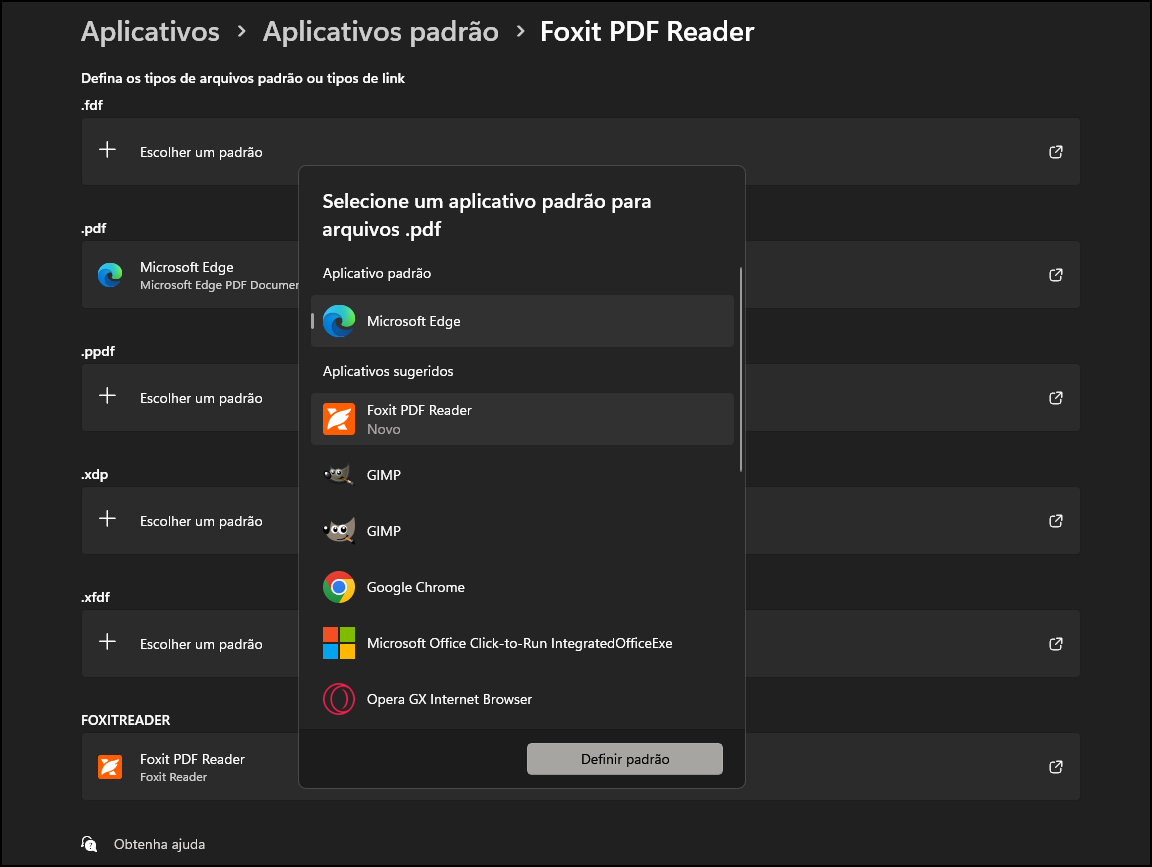 Lista de programas para selecionar o Foxit Reader